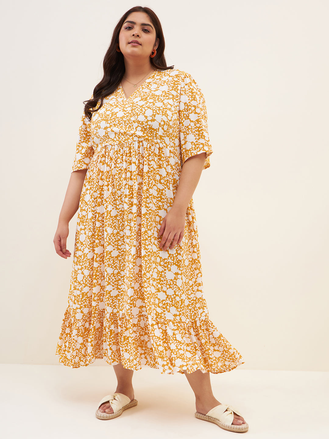 Mustard And White Floral Wrap Tiered Midi Dress
