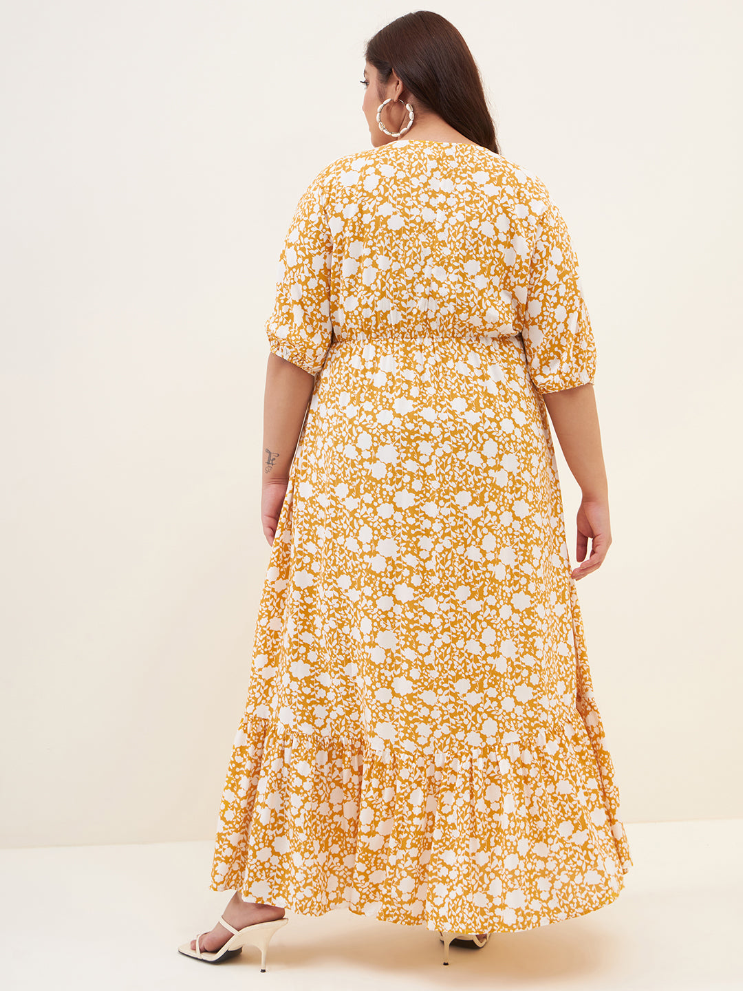 Mustard And White Floral Kimono Maxi Dress