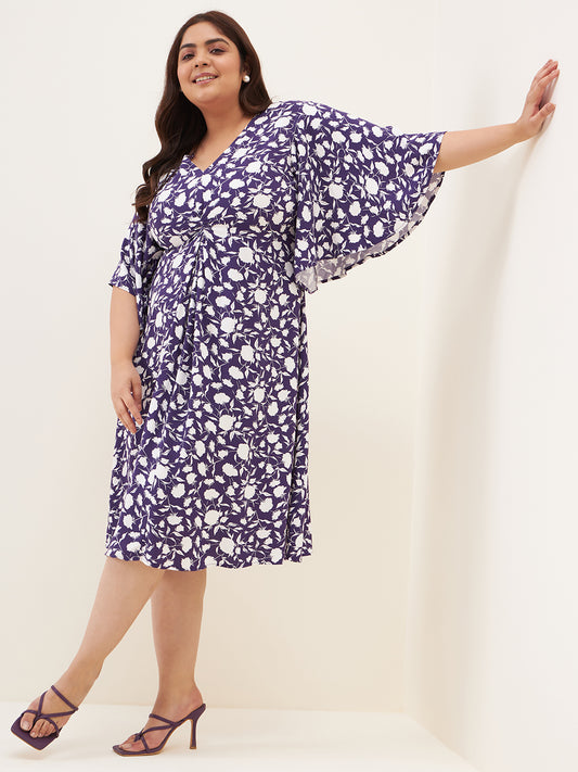 Purple Floral Front Knotted Midi Dress