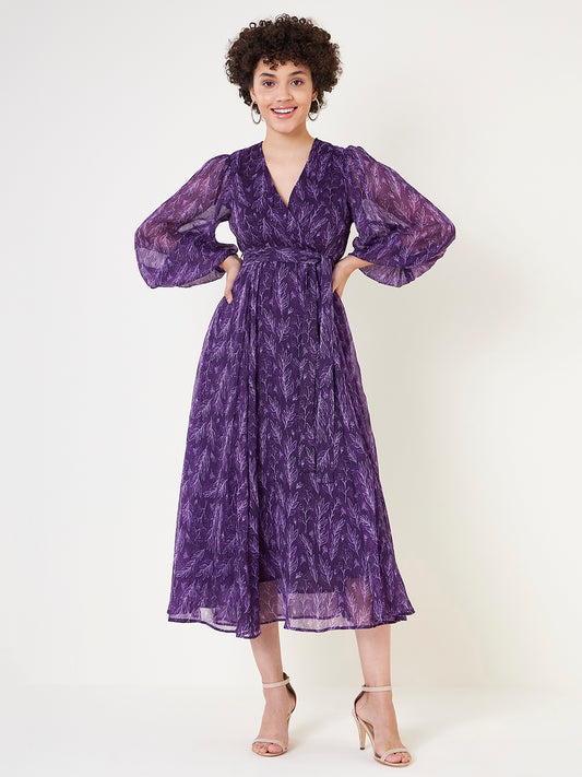 Purple Leaf Printed Wrap Maxi Dress