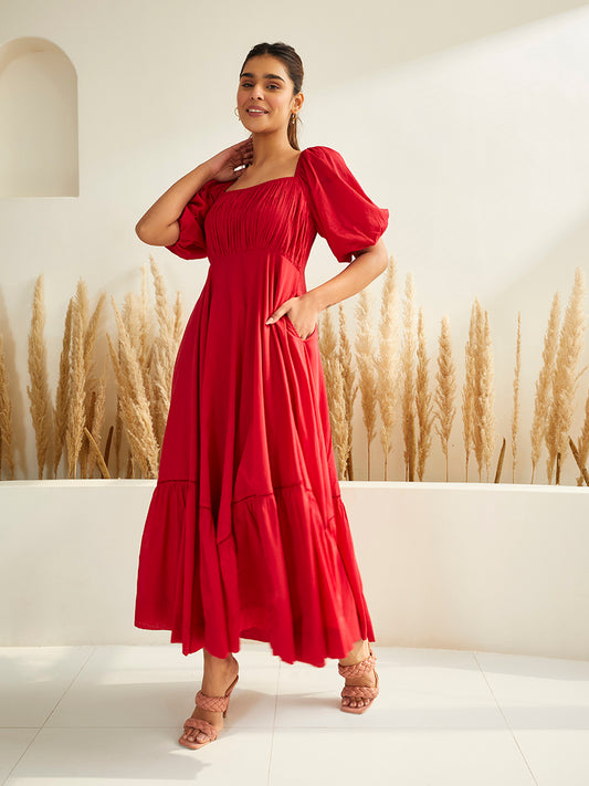 Red Solid Ruched Maxi Dress