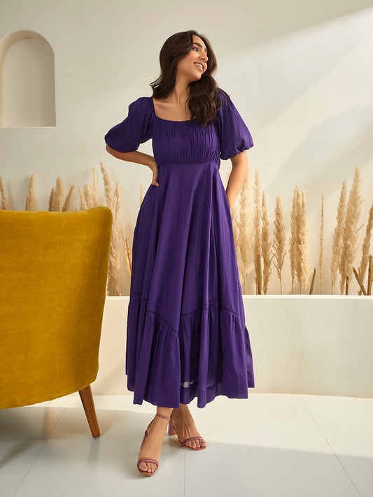 Deep Purple Solid Ruched Maxi Dress