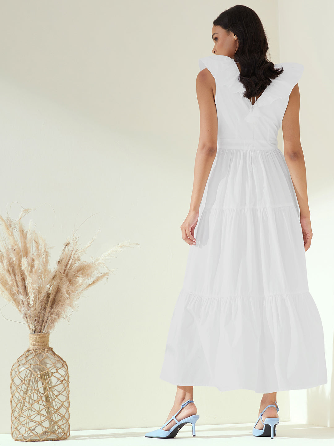 White Cotton Poplin Tiered Maxi Dress