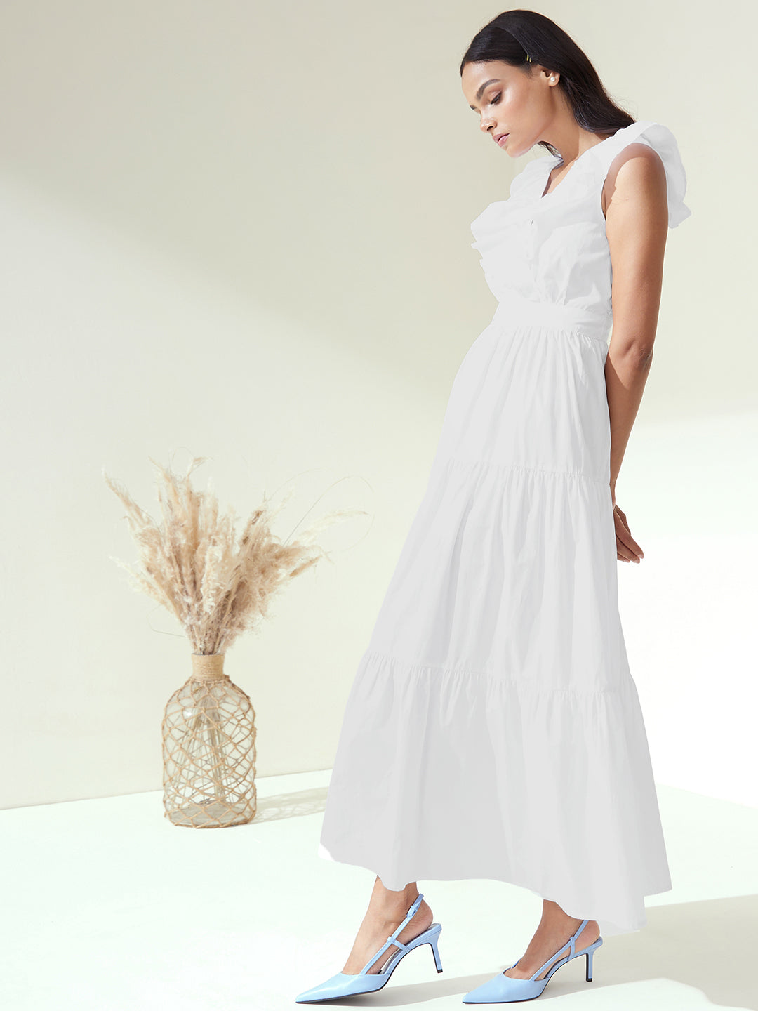 White Cotton Poplin Tiered Maxi Dress