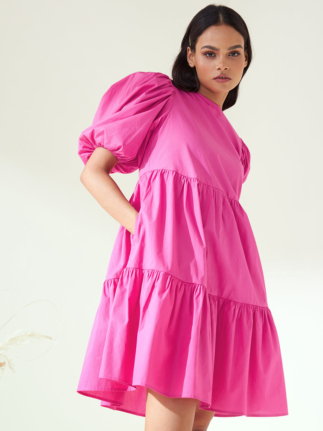 Pink Cotton Poplin Tiered Mini Dress