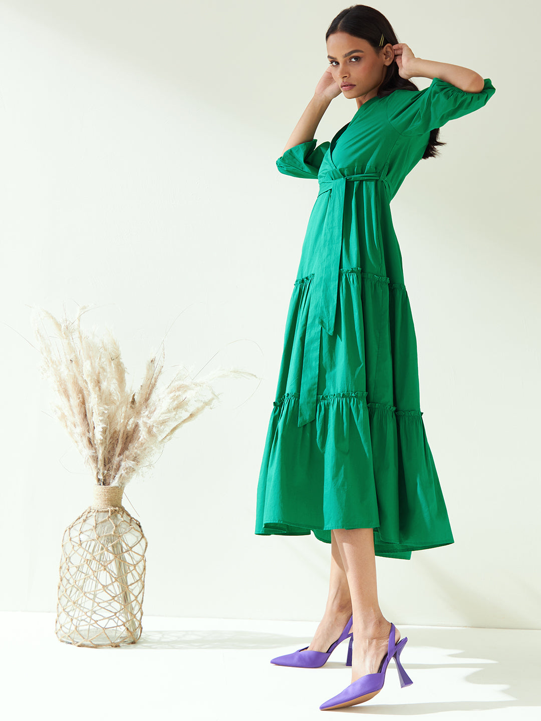 Green Cotton Poplin Wrap Maxi Dress
