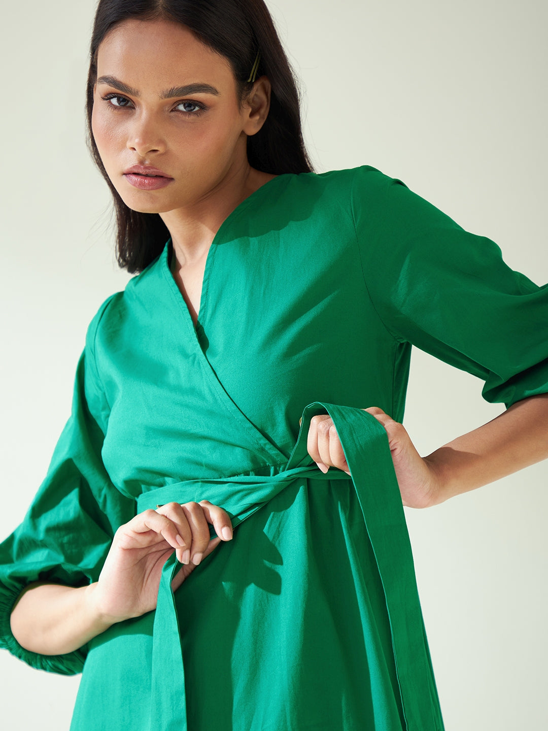 Green Cotton Poplin Wrap Maxi Dress