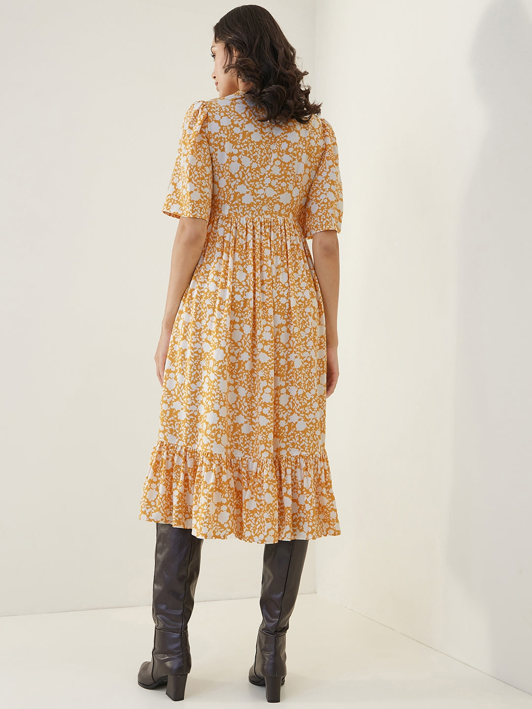 Mustard And White Floral Wrap Tiered Midi Dress
