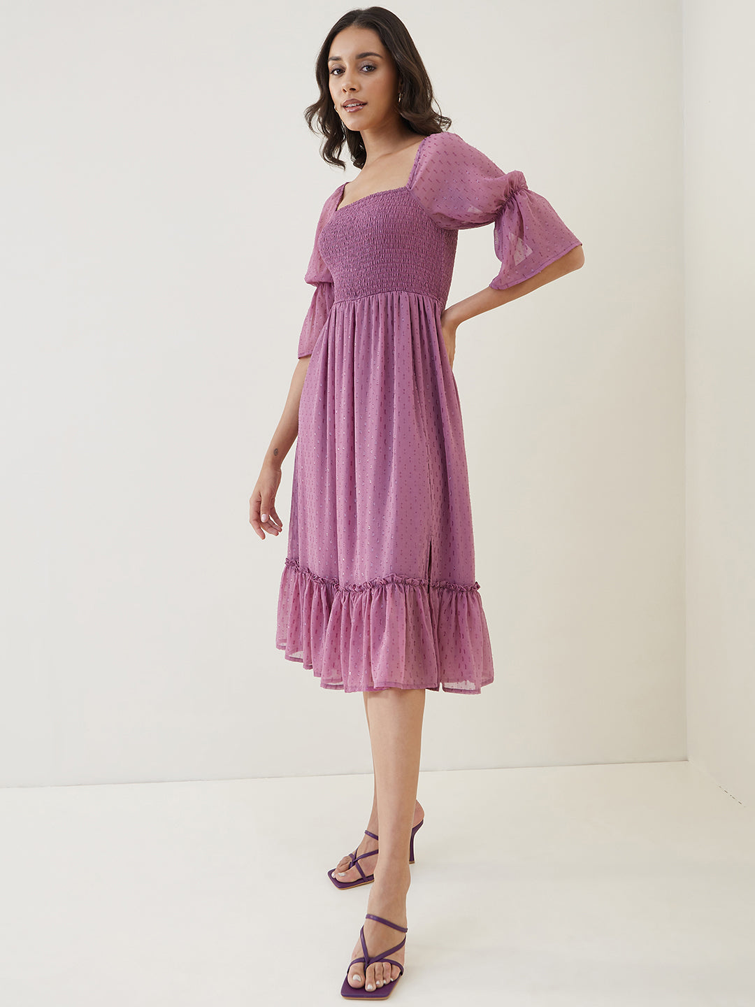 Blush Lurex Smocked Midi Dress