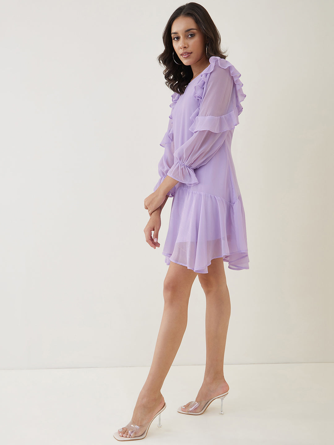 Lilac Ruffle Lurex Mini Dress