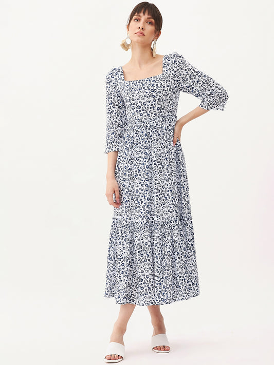 Blue Ditsy Printed Fit And Flare Midi Dress