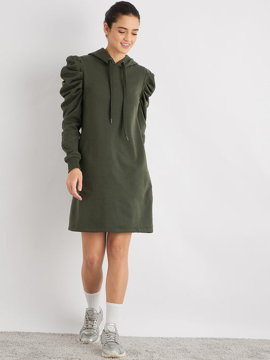 Olive Green Hooded Ruched Fleece Sweatshirt Dress