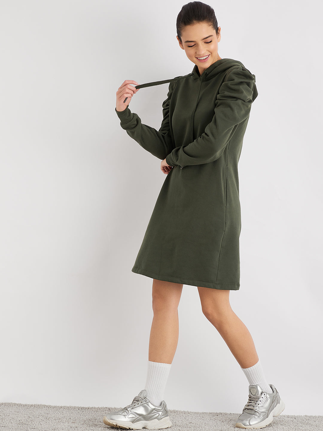 Olive Green Hooded Ruched Fleece Sweatshirt Dress