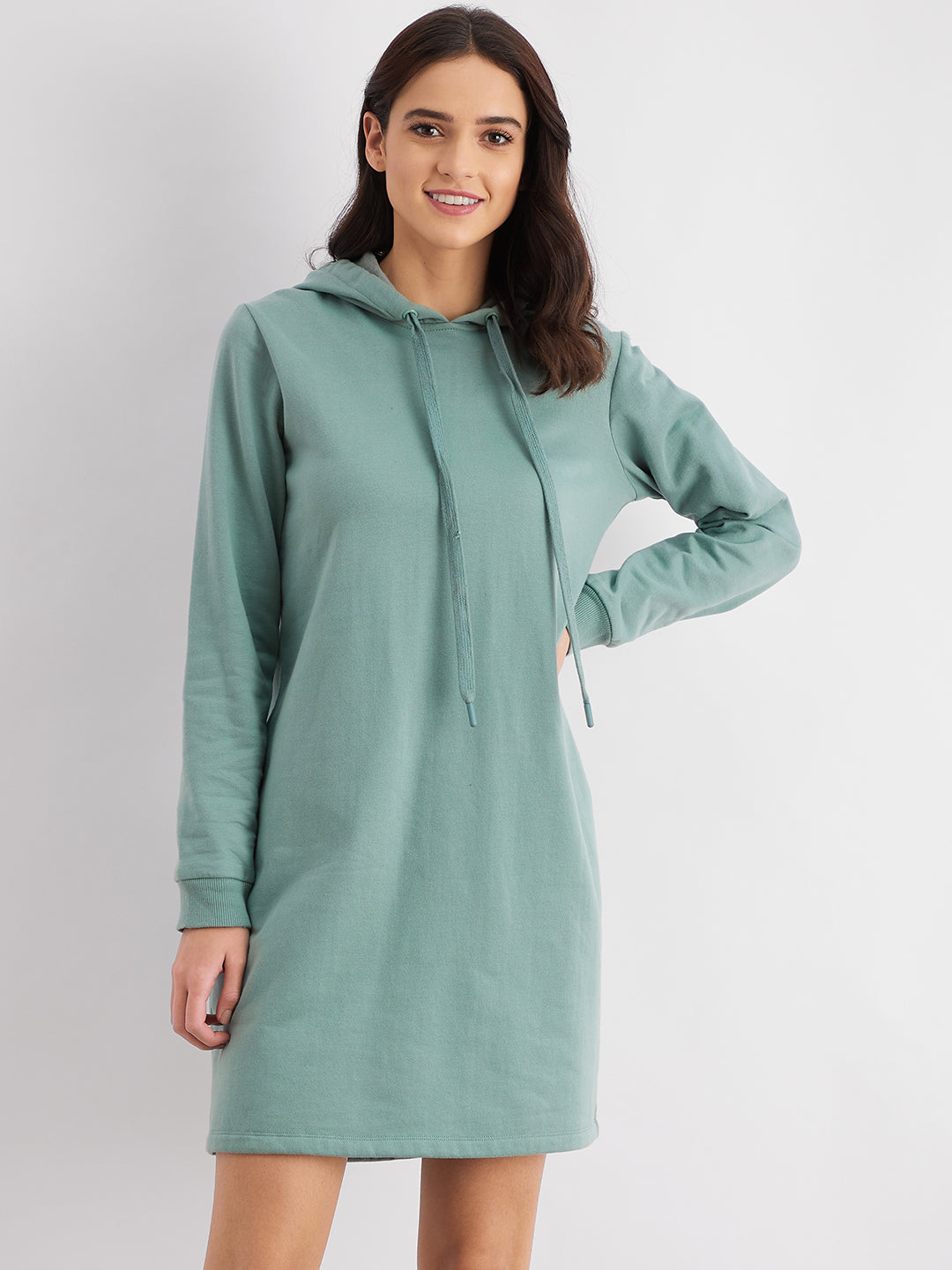 Green Fleece Hooded Sweatshirt Dress