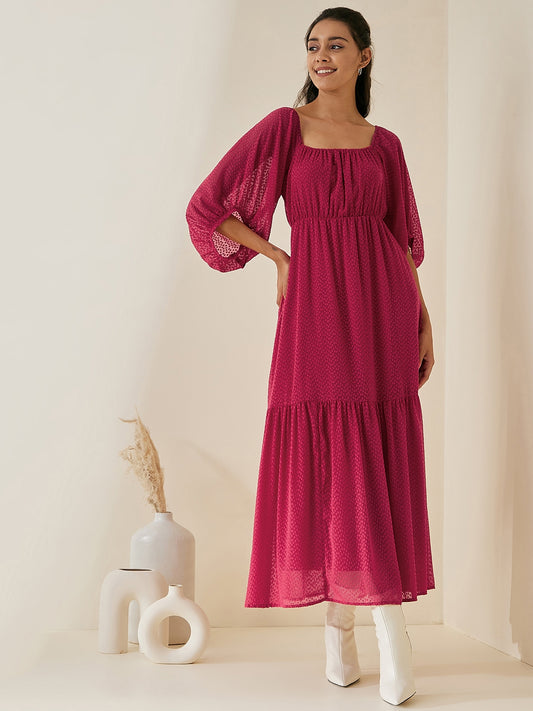 Red Dobby Ruched Tiered Maxi Dress