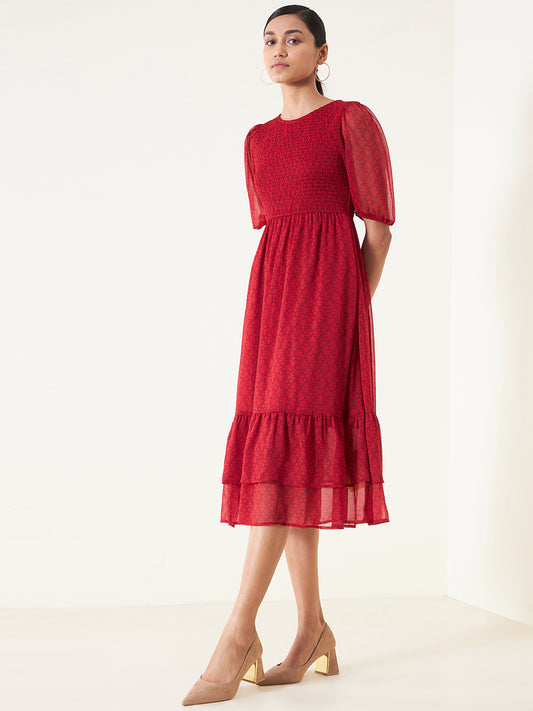 Red Printed Smocked Tier Midi Dress