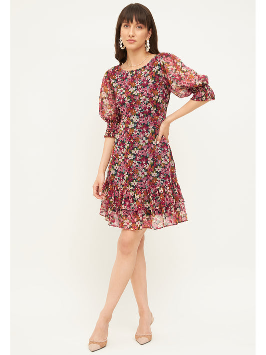 Multi Floral Fit And Flare Mini Dress