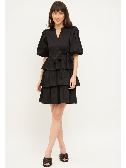 Black Cotton Tiered Mini Dress
