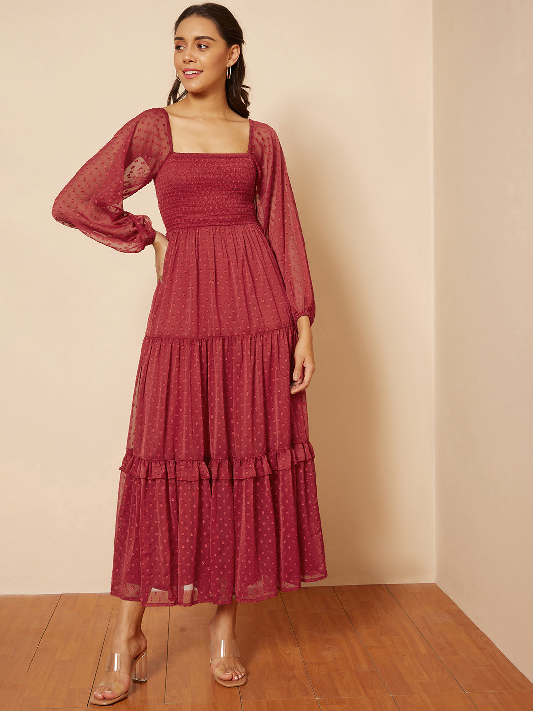 Femella Red dobby smocked maxi dress Online for Women – FEMMELLA