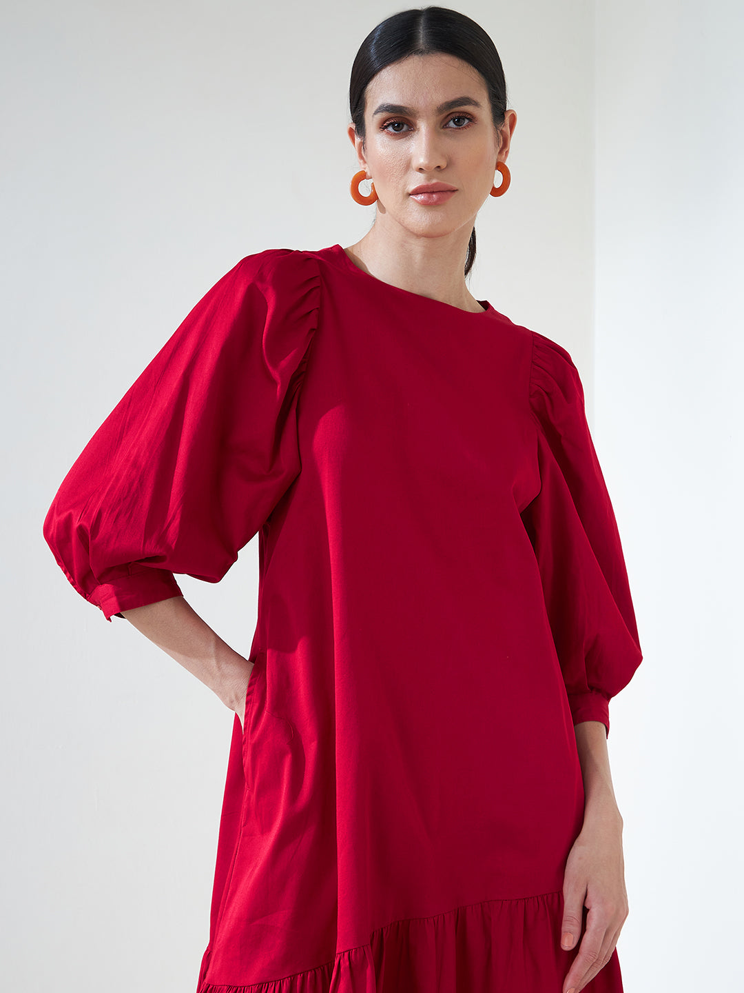 Red Cotton Asymmetric Tiered Midi Dress