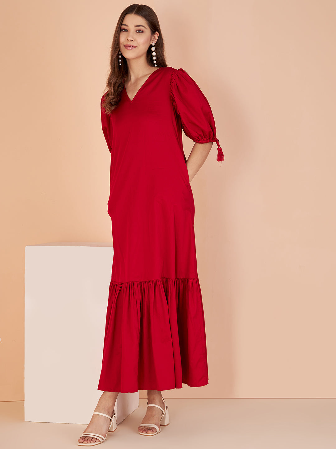 Red Cotton V- Neck Maxi Dress With Pockets