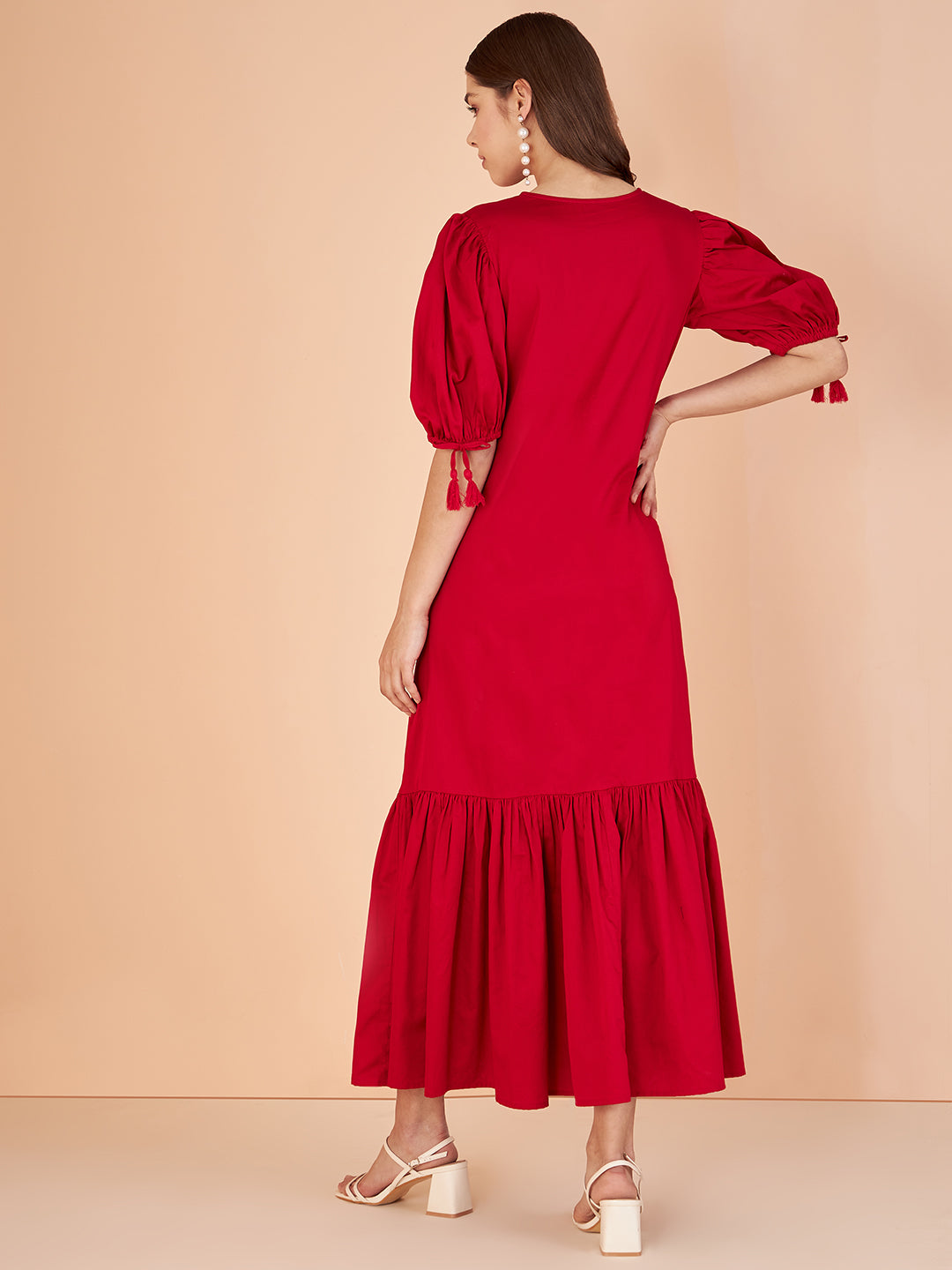 Red Cotton V- Neck Maxi Dress With Pockets