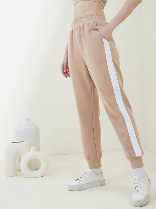 Beige Colorblock Ribbed Track Pants