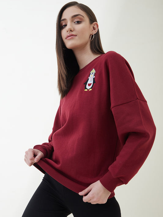 Red Fleece Penguin Embroidered Sweatshirt