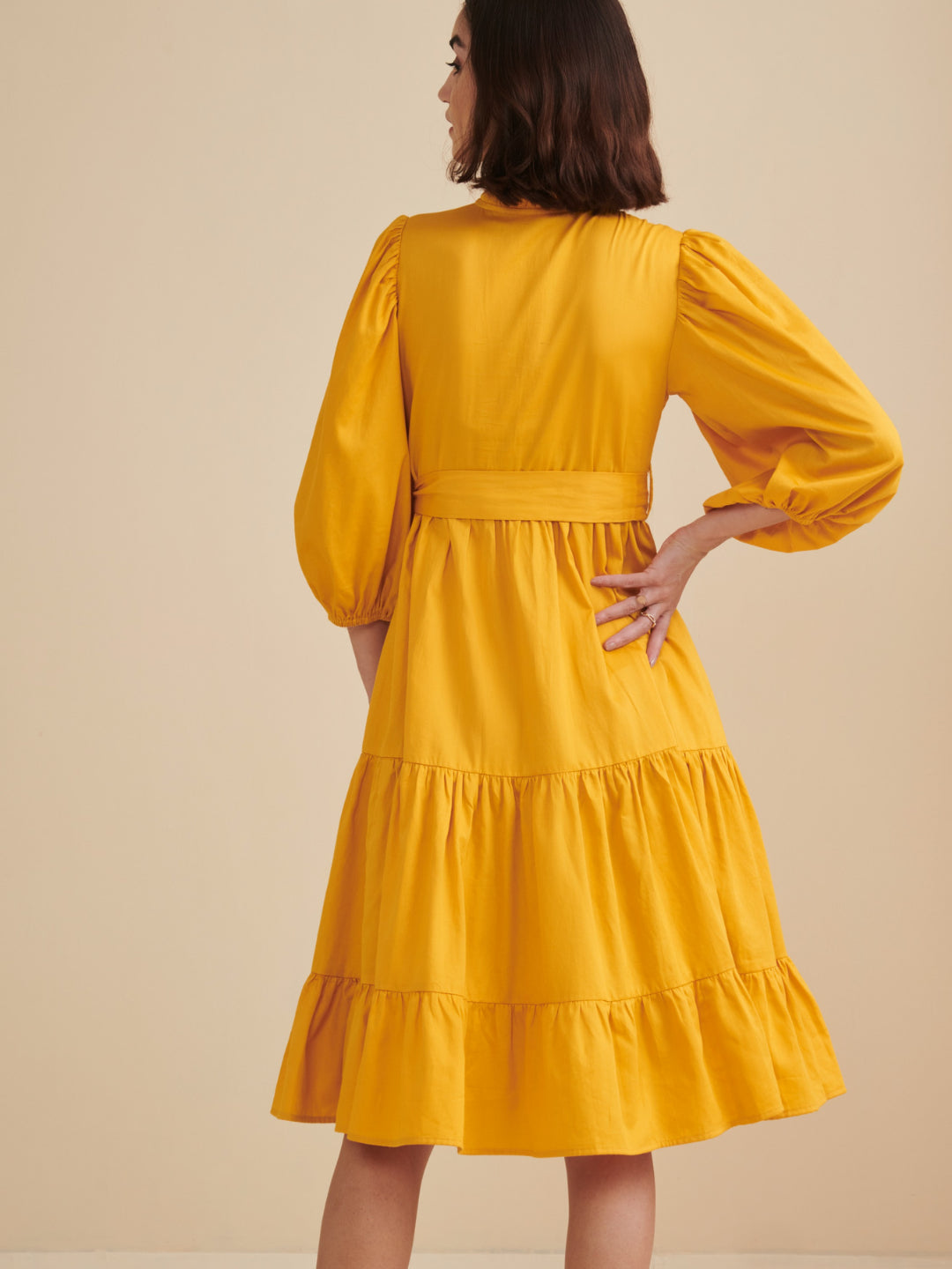 Mustard Cotton Tiered Fit & Flare Midi Dress