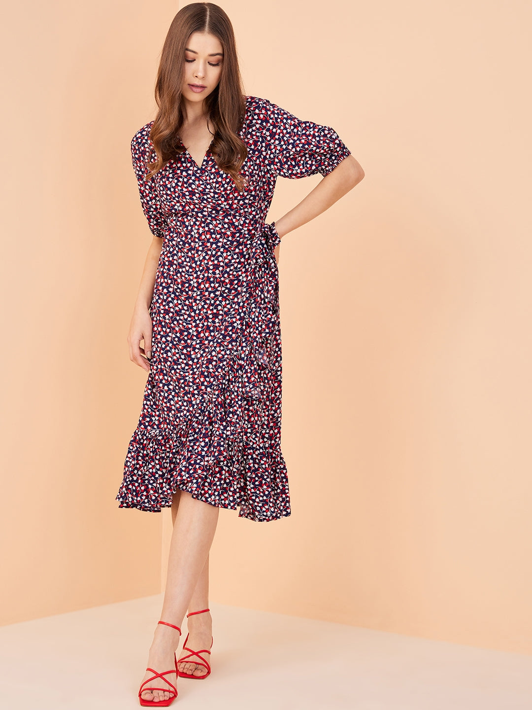 Navy And Red Printed Front Wrap Midi Dress