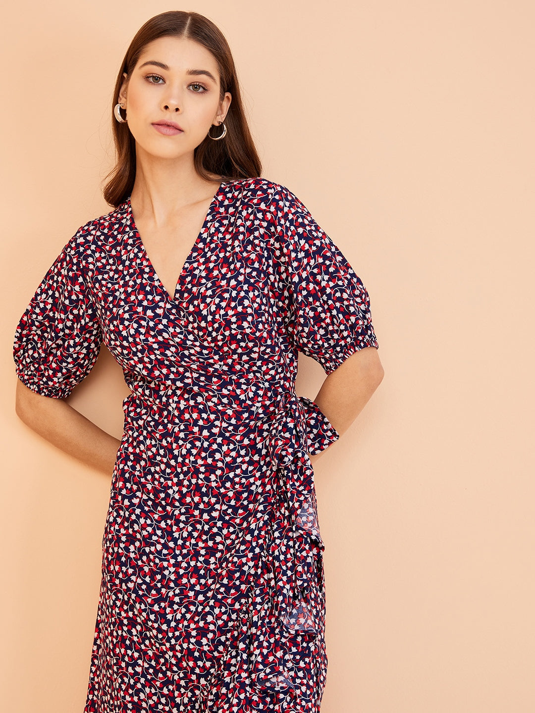 Navy And Red Printed Front Wrap Midi Dress