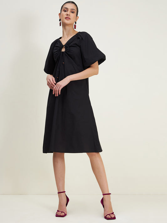 Black Front Drawstring Detail Midi Dress