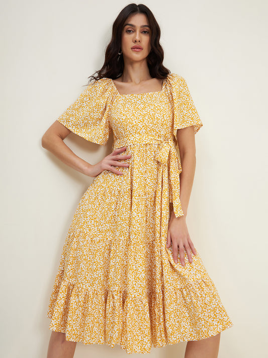 Mustard Floral Tiered Midi Dress