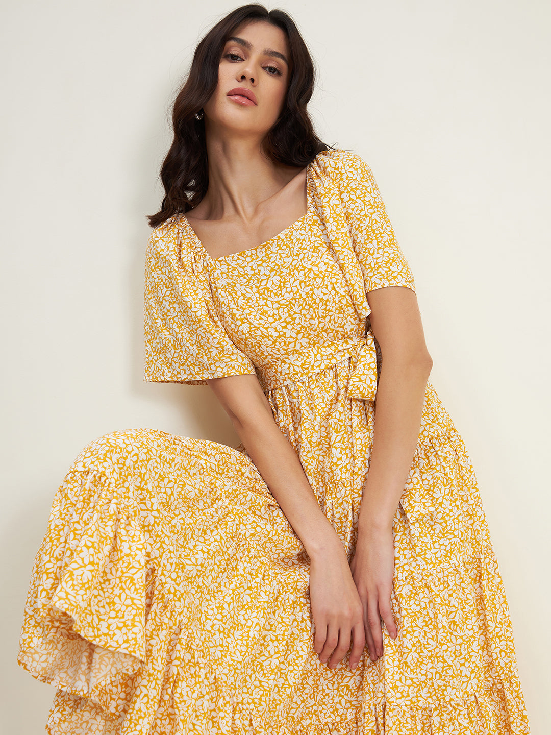 Mustard Floral Tiered Midi Dress