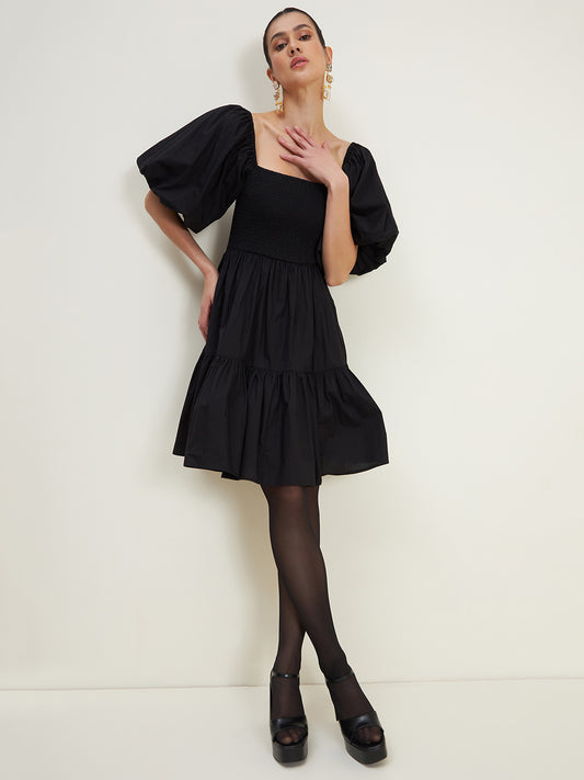 Black Cotton Smocked Mini Tiered Dress