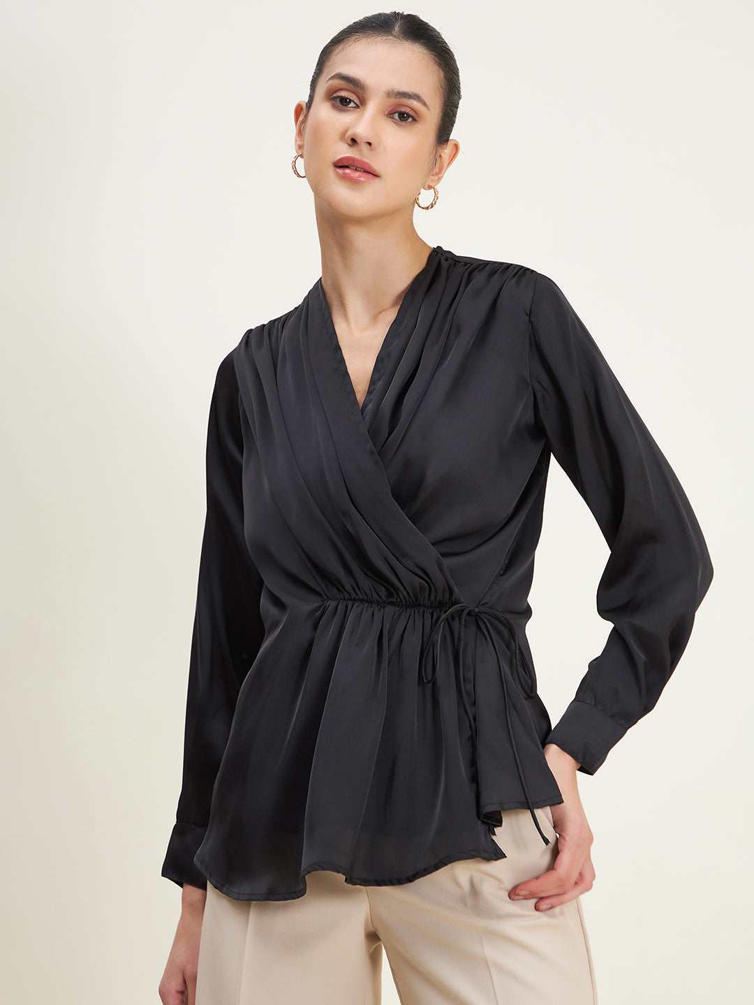 Black Formal Pleated Wrap Top