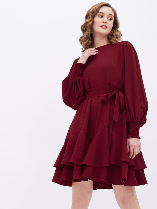 Deep Red Asymetric Tier Belted Dress