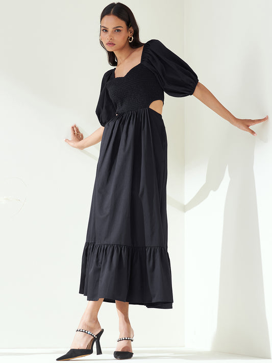 Black Cotton Smocked Cut Out Maxi Dress