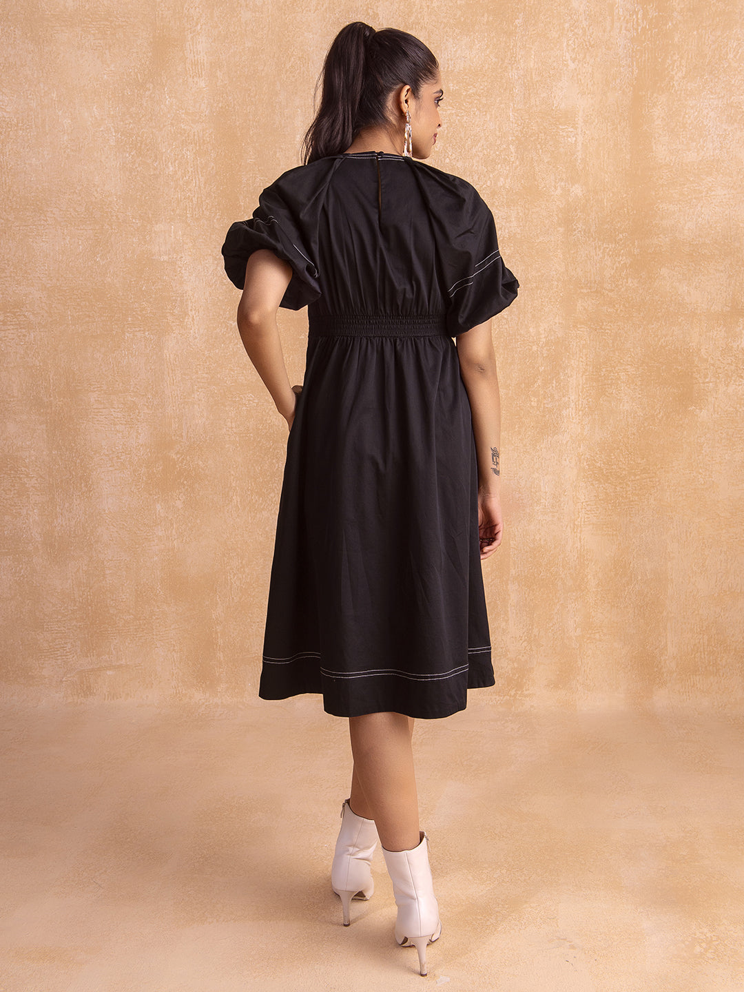 Black Cotton Puff Sleeve Midi Dress