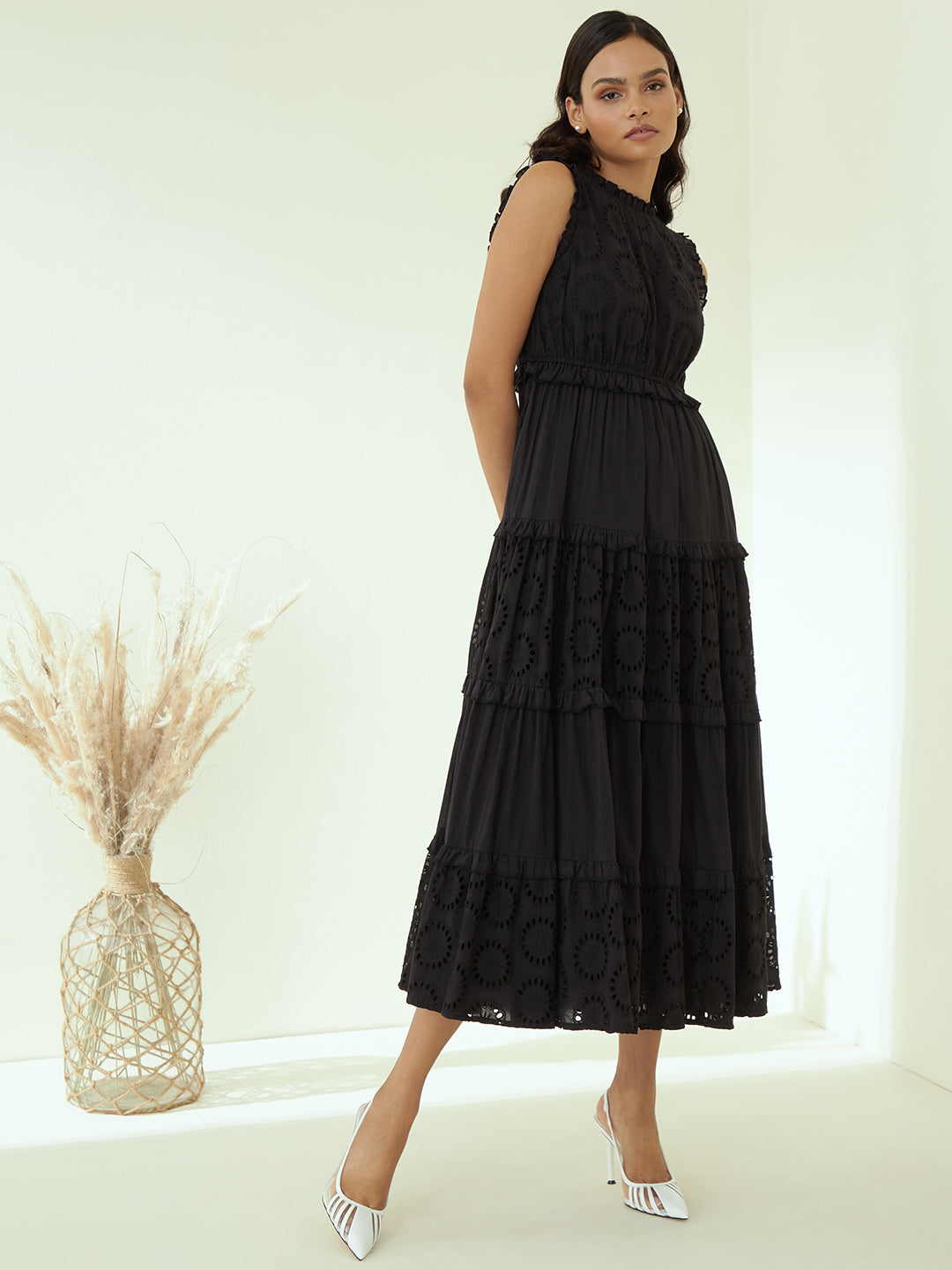 Black Cotton Schiffli Tier Maxi Dress
