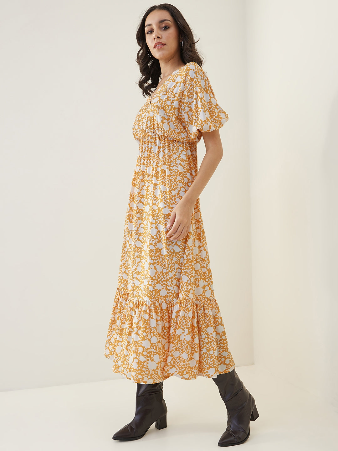 Mustard And White Floral Kimono Maxi Dress