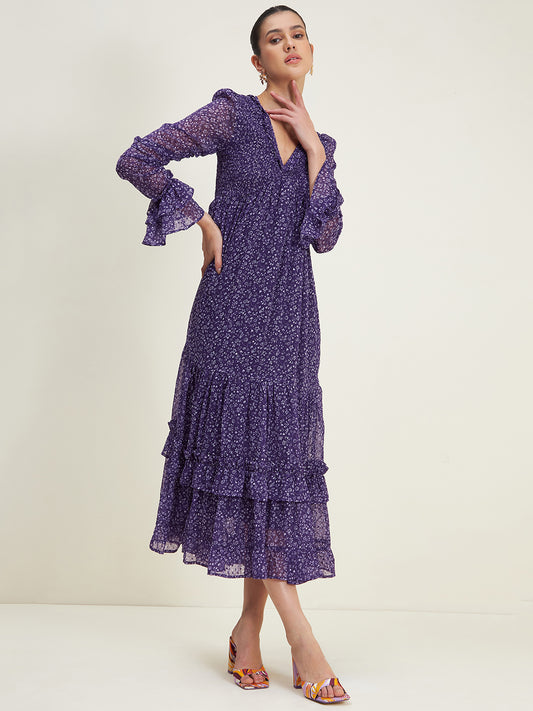 Purple Printed Smocked Tiered Maxi Dress