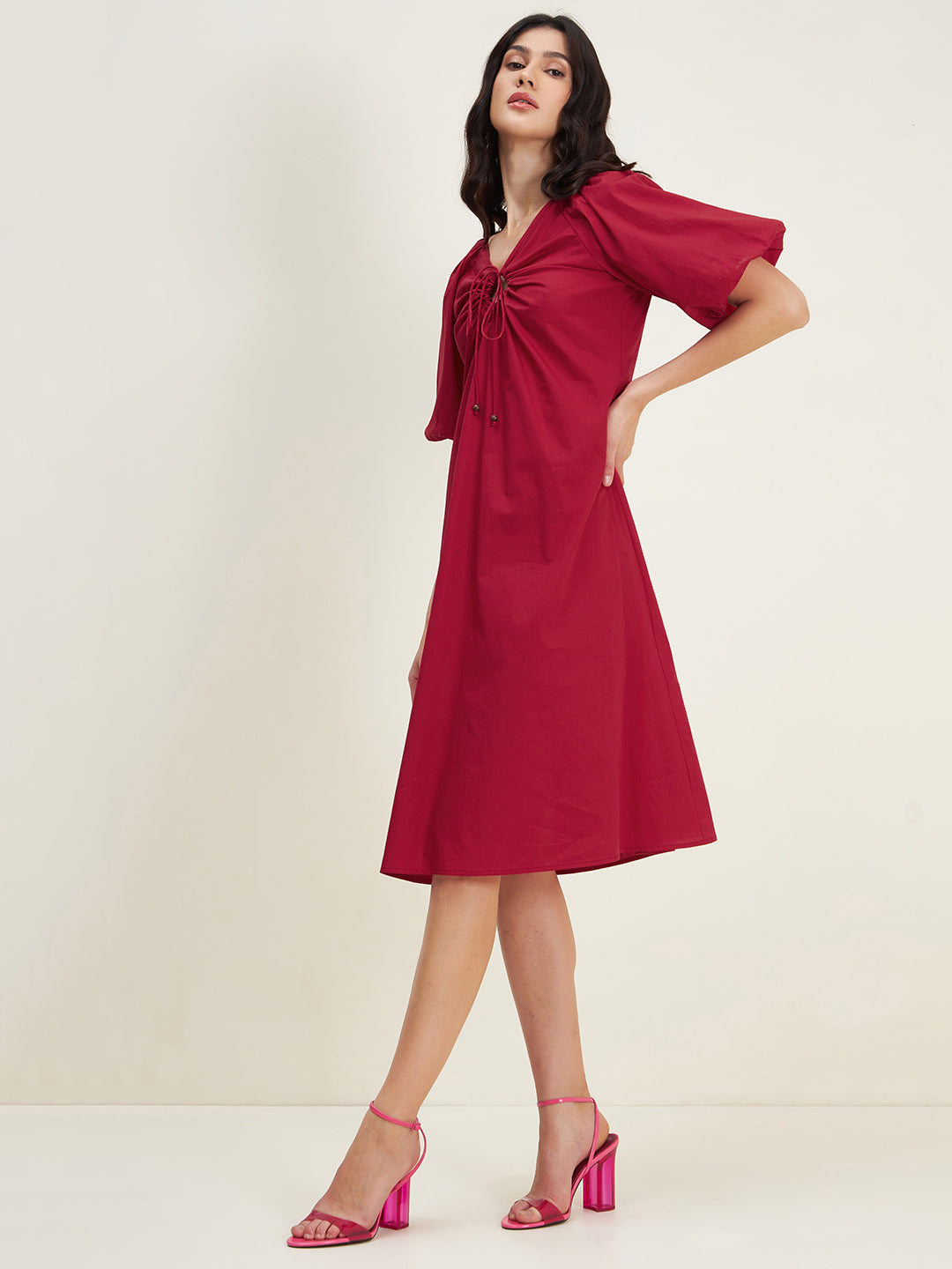 Red Front Drawstring Detail Midi Dress
