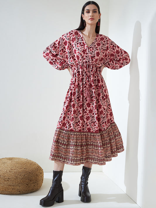 Red Floral Border Print Kimono Maxi Dress