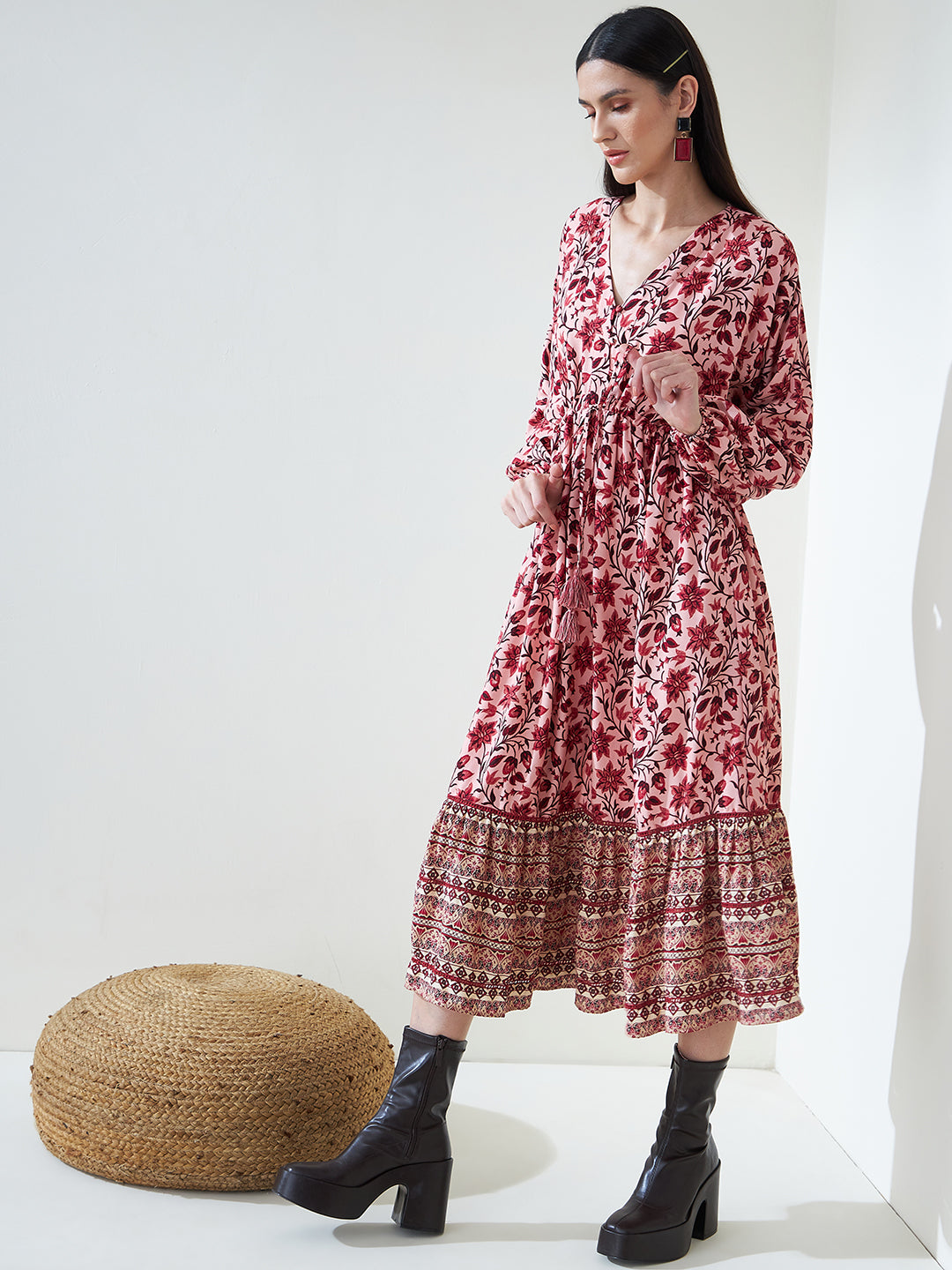 Red Floral Border Print Kimono Maxi Dress