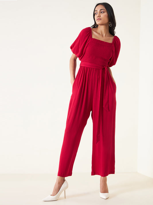 Red Smocked Jumpsuit