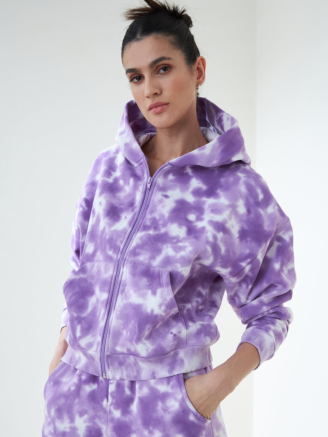 Lavender Tie-Dye Hooded Cropped Fleece Zip Up