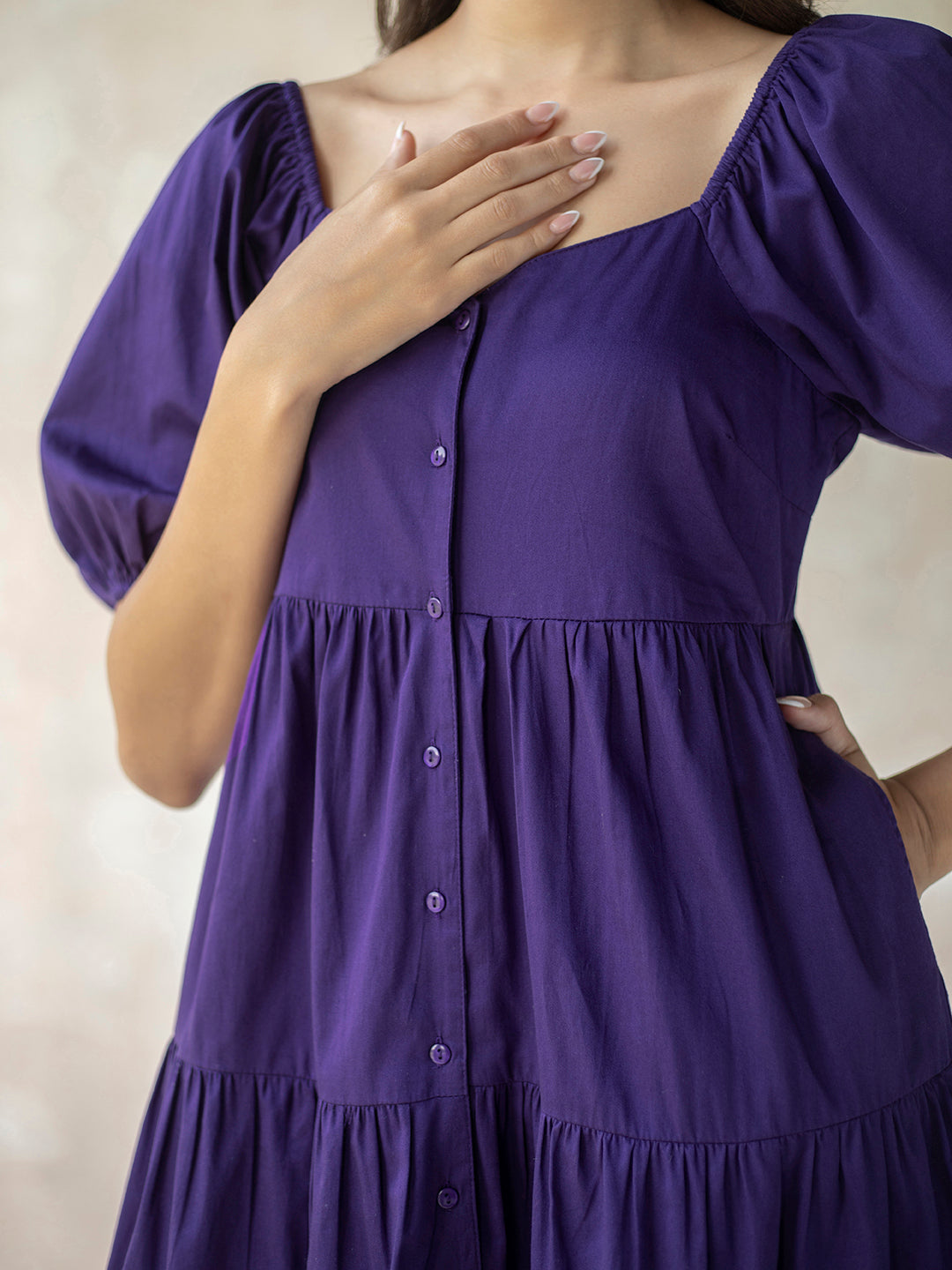 Purple Cotton Tiered Shirt Midi Dress
