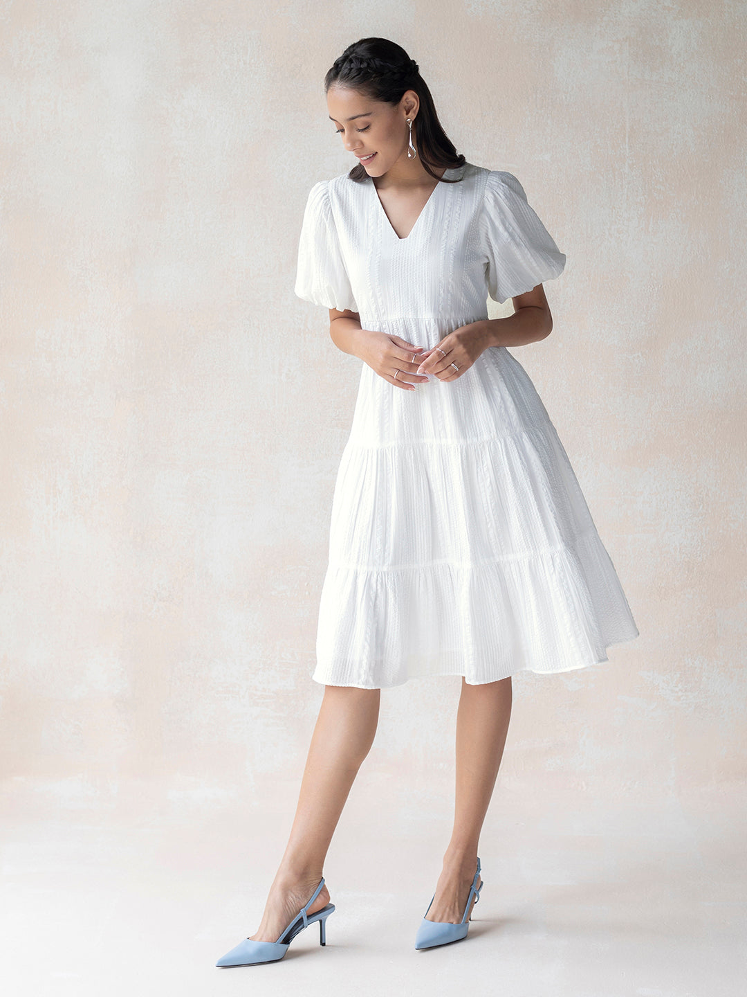 White Cotton Tiered Midi Dress