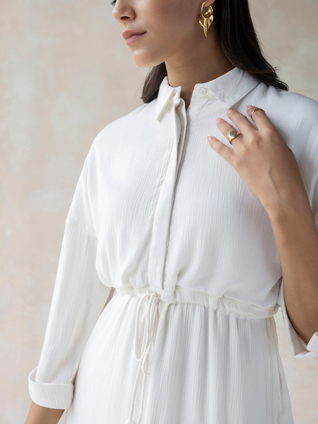 White Crinkled Shirt Maxi  Dress